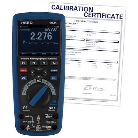 REED INSTRUMENTS True RMS Bluetooth/Waterproof Industrial Multimeter and NIST Calibration Certificate R5005-NIST